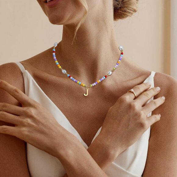 Personalized 14K Gold Plated Initial Necklace with Colorful Beads for Girls - Picture 3 of 7